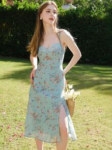 度假休闲法式碎花系带吊带连衣裙，优雅夏日 - 綠色 - 查看 4