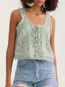 Women Lace Trim Vest Tank Tops Semi Sheer Tie Button Front Crop Y2K Going Out Tops Cute Summer Cami Shirt - 綠色 - 查看 5