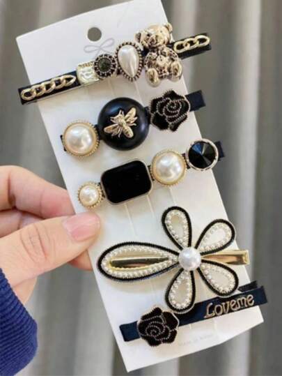 5件套可爱合金材质仿珍珠小熊发夹，女士日常造型，发饰，发卡，爪夹，学生用品，珍珠发饰