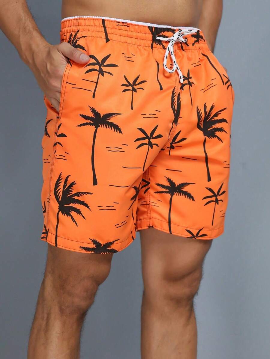 Men's Beach Shorts With Tree Print And Pocket - Orange - View 1