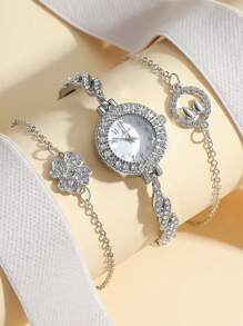 3pcs/Set New Fashion Women's Arabic Scale Rhinestone Steel Band Quartz Watch + Rhinestone Clover Bracelet Set, Suitable For Daily Matching, Anniversary, Holiday Gift - Silver - View 1