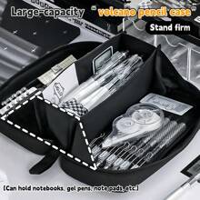 1个装铅笔袋，内含熊猫胸针，可DIY火山图案，新款扁平折叠便携超大容量，正面透明窗口，极具吸引力的文具盒/铅笔盒，返校文具用品，返校季，学习用品，铅笔盒，铅笔袋，书包 - 彩色 - 查看 2