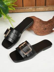 女士新款方头平底拖鞋，黑色金属扣软底凉鞋，系带拖鞋，适合海滩度假休闲装，防滑