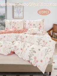 2/3 pièces Ensemble de couette à motif floral botanique rose en polyester, style idyllique, doux et respirant, pour chambre d'enfants et de filles, utilisable toute l'année, avec fermeture éclair, lavable en machine (1 couette + 1/2 taies d'oreiller)