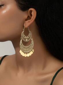 1 Par de Pendientes colgantes de metal con diseño floral geométrico hueco de estilo vintage y flecos exagerados para mujeres, estilo bohemio