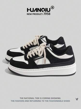 HUANQIU 2025新款男鞋男士运动鞋黑色鞋滑板鞋时尚小白鞋百搭轻便舒适小白鞋系带软底休闲鞋跑步鞋黑白四季鞋