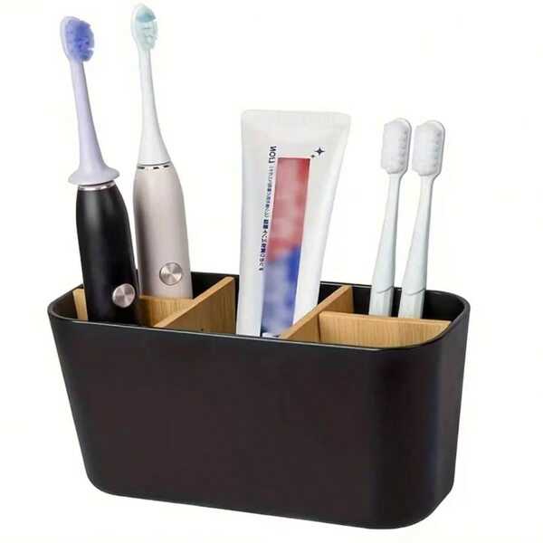 Portaspazzolino multifunzionale in bambù con 5 alloggiamenti - Portaspazzolino e porta dentifricio da appoggiare sul piano, design salvaspazio, facile da pulire, finitura in legno naturale. Organizer per bagno, decorazione per casa e bagno, adatto per la stagione estiva e per il ritorno a scuola.