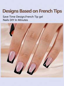 Kit de 150 uñas acrílicas francesas rosa y negro en forma cuadrada corta - 15 tamaños, puntas de uñas negras con pegamento, diseño de salón de manicura DIY, ideal para uñas postizas para mujeres
