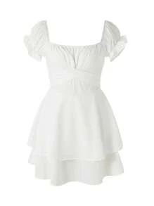 Women's Mini A-Line Dress Solid Color Ruffled Sleeves Square Neck Layered Hem Dress - trắng - Xem 6