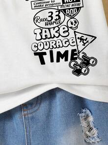 2pcs Tween Boys Sets: Letter Graphic Print Short Sleeve Tee And Distressed Denim Shorts - White - View 6