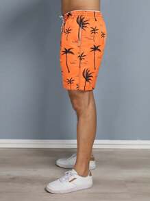 Men's Beach Shorts With Tree Print And Pocket - Orange - View 6