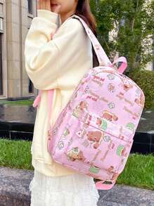 Capybara Cute Backpack Cartoon Junior High School Backpack Campus Large Capacity Simple Three Pieces Combination Backpack For Primary School Students - Pink - View 3