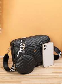 New Design 2pcs/Set Women Shoulder Bag With Wide Strap, Printed Small Square Bag With Fashionable Wave Embroidery, Crossbody Bag With Coin Purse