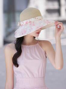 1 件女士帽子，新款春夏水印花花卉拼布蝴蝶结草帽，时尚百搭轻便透气防风遮阳帽，户外旅行度假防晒宽边渔夫帽，适合日常使用