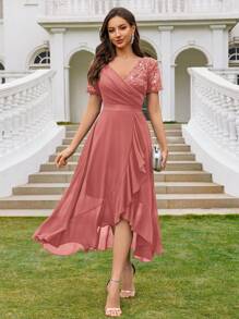 MIUSOL V-Neck Sequin Lace Contrast Chiffon Ruffle Trim Hem Elegant Evening Party Swing Dress - 藕粉色 - 查看 3