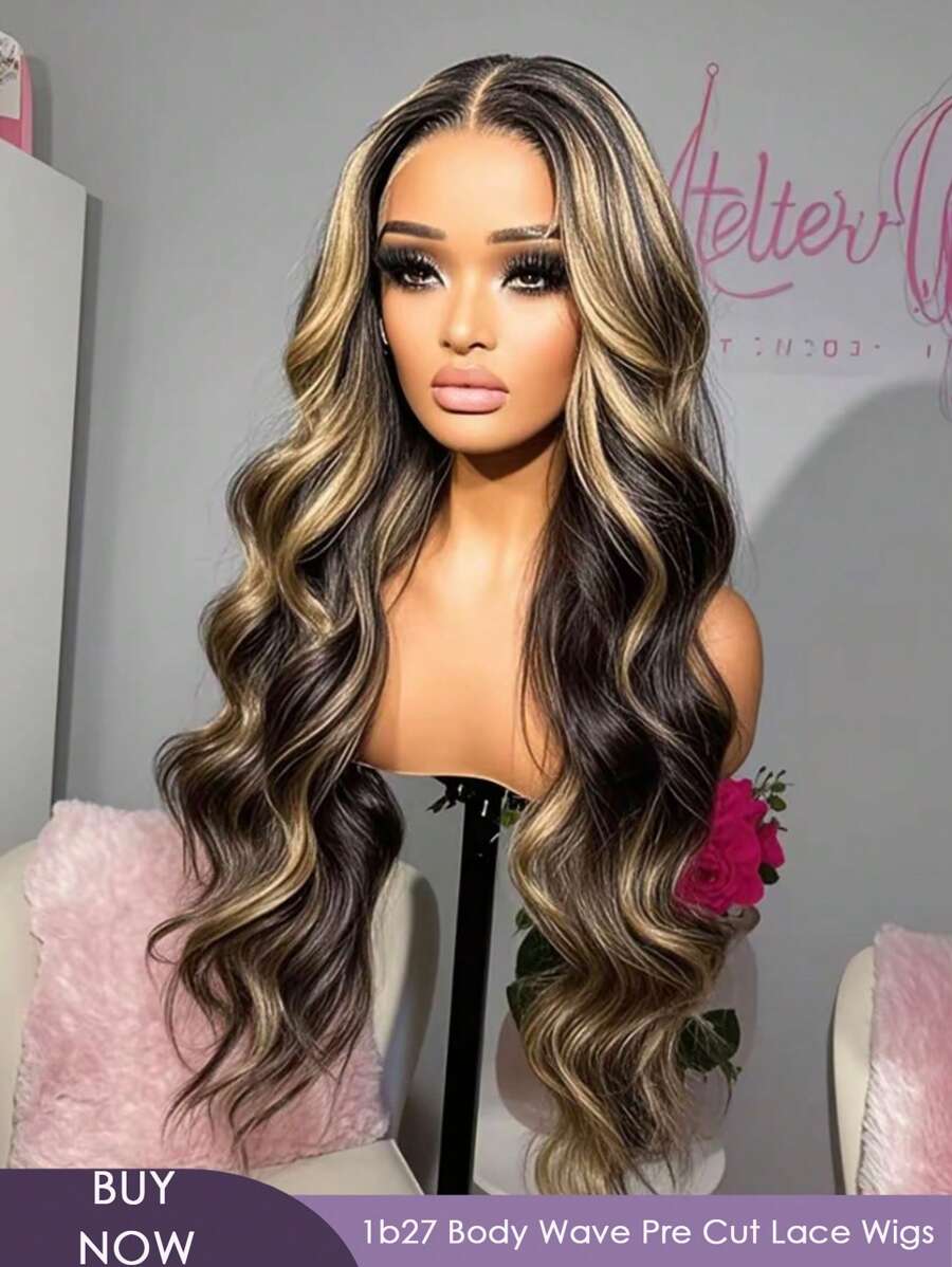 YGQWD Body Wave Ombre Highlight Honey Blonde Body Wave Wig Mixed Human Hair Blended Hair - 5x5 HD Transparent Lace Front Wig Blend Human Hair Pre-Plucked 200% Density - P1B/27 Balayage Wavy Blonde Highlights Pre Cut Lace Wig For Women, Wear And Go Glueless Wigs Human Hair With Baby Hair Ready To Go - Put On And Go Frontal Wigs Friendly To Beginner, Daily Wear, Must-Have Gifts. Special Occasion Wig | Long Length Wig | Highlighted Wig, Wig Accessories