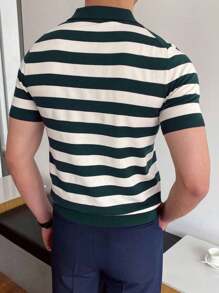 Men Striped Design Knitted Polo Shirt - Dark Green - View 2