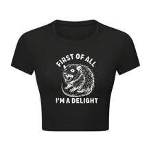 First Of All I'm A Delight - Women's Black Crop Top T-Shirt With Hedgehog Graphic