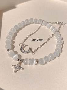 2pcs Set Simple Elegant Cat Eye Gem Moon & Star Pattern Casual Bracelet Set, Suitable For Women Daily & Festival Wear
