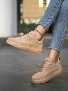 Women's Fashionable Retro Khaki Lace-Up Casual Sneakers, Lightweight Versatile Comfortable Non-Slip Flat Outdoor Walking & Skateboard Running Shoes