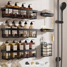 6 件装淋浴架粘合剂，无需钻孔浴室淋浴收纳架，带可拆卸挂钩，防锈淋浴架，壁挂式淋浴架，家居浴室装饰浴室收纳架夏季返校季 - 黑色 - 查看 1