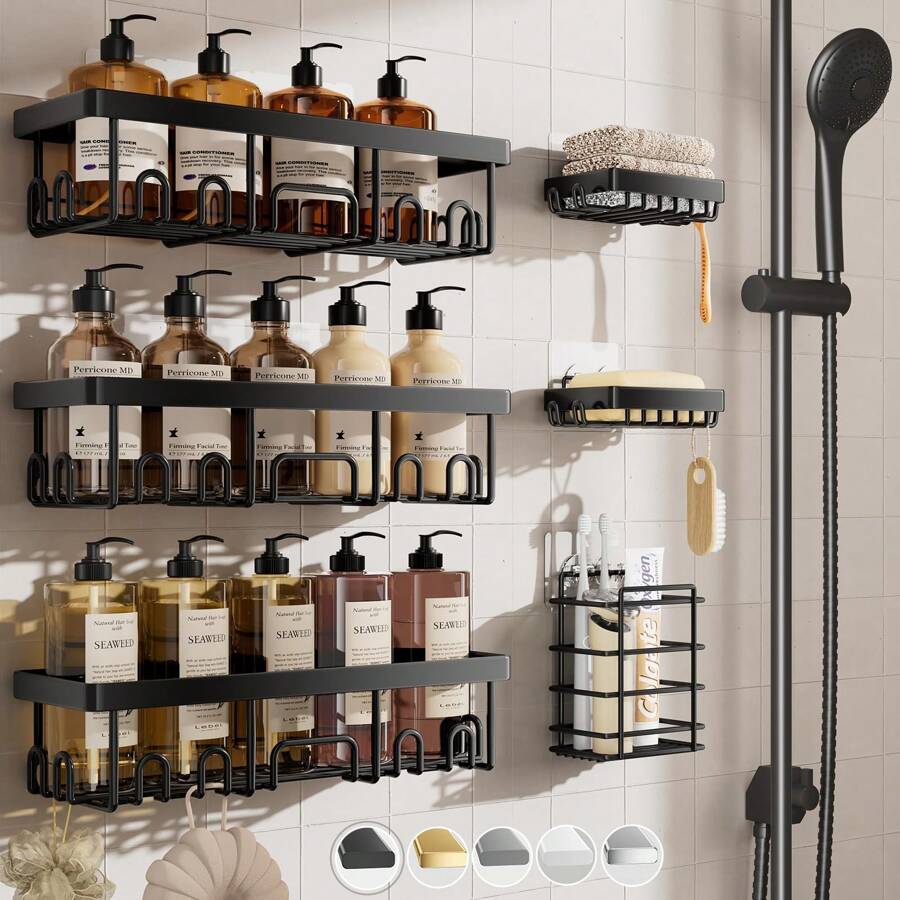 6 件装淋浴架粘合剂，无需钻孔浴室淋浴收纳架，带可拆卸挂钩，防锈淋浴架，壁挂式淋浴架，家居浴室装饰浴室收纳架夏季返校季 - 黑色 - 查看 1