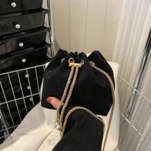 女士休闲单肩抽绳斜挎包，复古风 - 黑色 - 查看 2