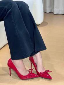 勃艮第蝴蝶结高跟鞋，尖头亮面漆皮性感高跟鞋 - 紅色 - 查看 5