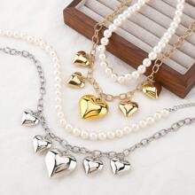 2 件优雅多层珍珠和流苏心形吊坠项链，适合女性日常、派对和宴会佩戴 - 心 - 查看 5