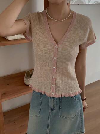 Cardigan corto a manica corta con scollo a V in maglia da donna