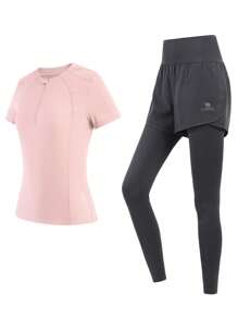CAMEL Conjunto de ropa deportiva para mujer, camiseta deportiva transpirable y absorbente de humedad para primavera y verano, talla grande dos pantalones deportivos, conjunto de dos piezas, apto para correr, yoga