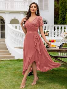 MIUSOL V-Neck Sequin Lace Contrast Chiffon Ruffle Trim Hem Elegant Evening Party Swing Dress - 藕粉色 - 查看 5