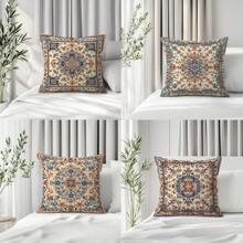 4pcs Bohemian Geometric Retro Pattern Series - Retro Printed Throw Pillow Cover & Sofa Cushion, 45x45cm Coral Fleece Pillowcase
