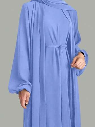 Femmes Couleur Unie Confortable Décontracté Ample Cardigan Long Ouvert Devant + Robe Sans Manches Deux Pièces Ensemble Abaya Robe Avec Ceinture - Pas de Foulard,