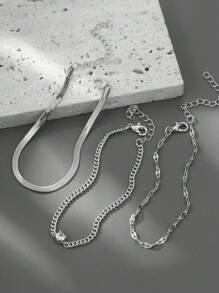 Nooxian 3 pièces Set d'accessoires pour les mains en métal argent multicouche, chaîne de lame de rasoir en acier inoxydable unique, chaîne à lèvres et chaîne à boules avec breloques en cubique de zircone cuivrées taillées, bracelets de bijoux pour femmes