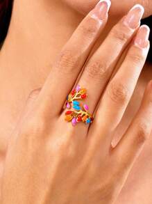1 pieza Anillo de mujer de acero inoxidable con incrustaciones de strass en color mezclado, de estilo exagerado y con diseño de goteo. Se puede ajustar. Adecuado para uso diario y casual, así como para fiestas y regalos.