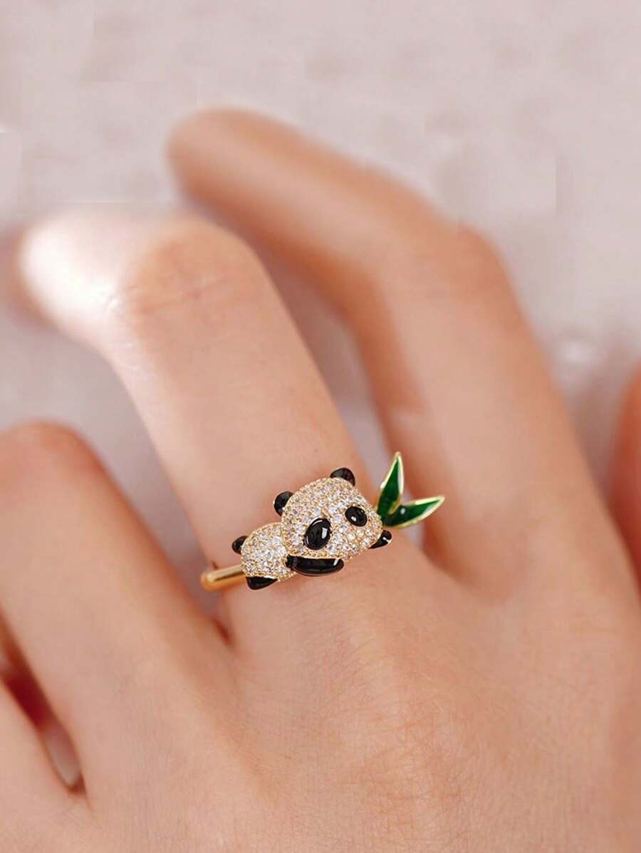 1pc Cute Panda & Bamboo Themed Ring, Exquisite Unique Design, Ideal Gift For Friends