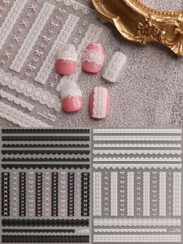 2 pièces d'autocollants d'ongles style français rétro avec gaufrage de dentelle, autocollants pour ongles style Ins noir et blanc, autocollants décoratifs de haute qualité pour ongles, dentelle découpée + nœud tridimensionnel, convient pour les ongles transparents/nus, indispensable pour les fêtes/mariages/luxe au quotidien, cadeaux de vacances