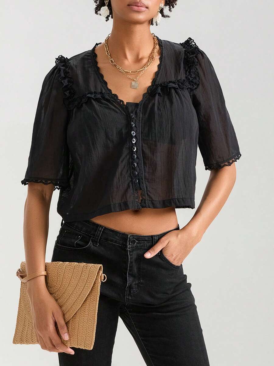 Women Short Sleeve Shirts Lace Ruffles Buttons Blouses Summer Loose Casual Tops - Black - View 1