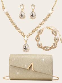 Conjunto de joyas de mujer con rhinestones: Collar, pendientes, pulsera brillantes. Juego de bolsos y carteras elegantes: Cartera con clip metálico, sobre elegante, bolso de banquete, bolso bola, bolso cadena metálica, bolso de fiesta de boda. Vestidos de novia y de fiesta para mujer.