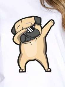 MODAS CHOPIS BLUSA O PLAYERA CUELLO REDOND MANGA CORTA COLOR BLANCO CON DISEÑO DE PUG LENTES - Blanco - Ver 2
