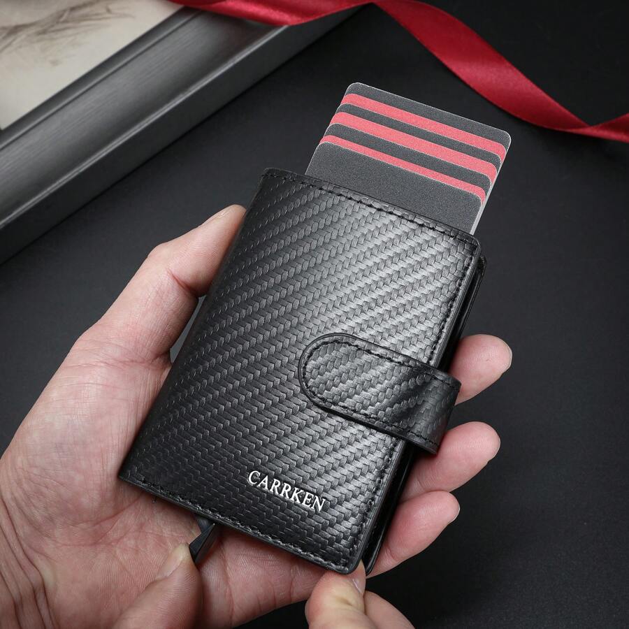 1pc New Design Men's Carbon Fiber Snap Wallet With Aluminum Box, Automatic Pop-Up Card Holder, Multi Card Slots - Black - View 1