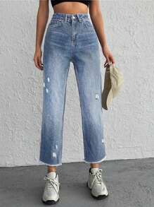 Light Blue Distressed Straight Leg Washed Casual Jeans For Women - Blue - View 11