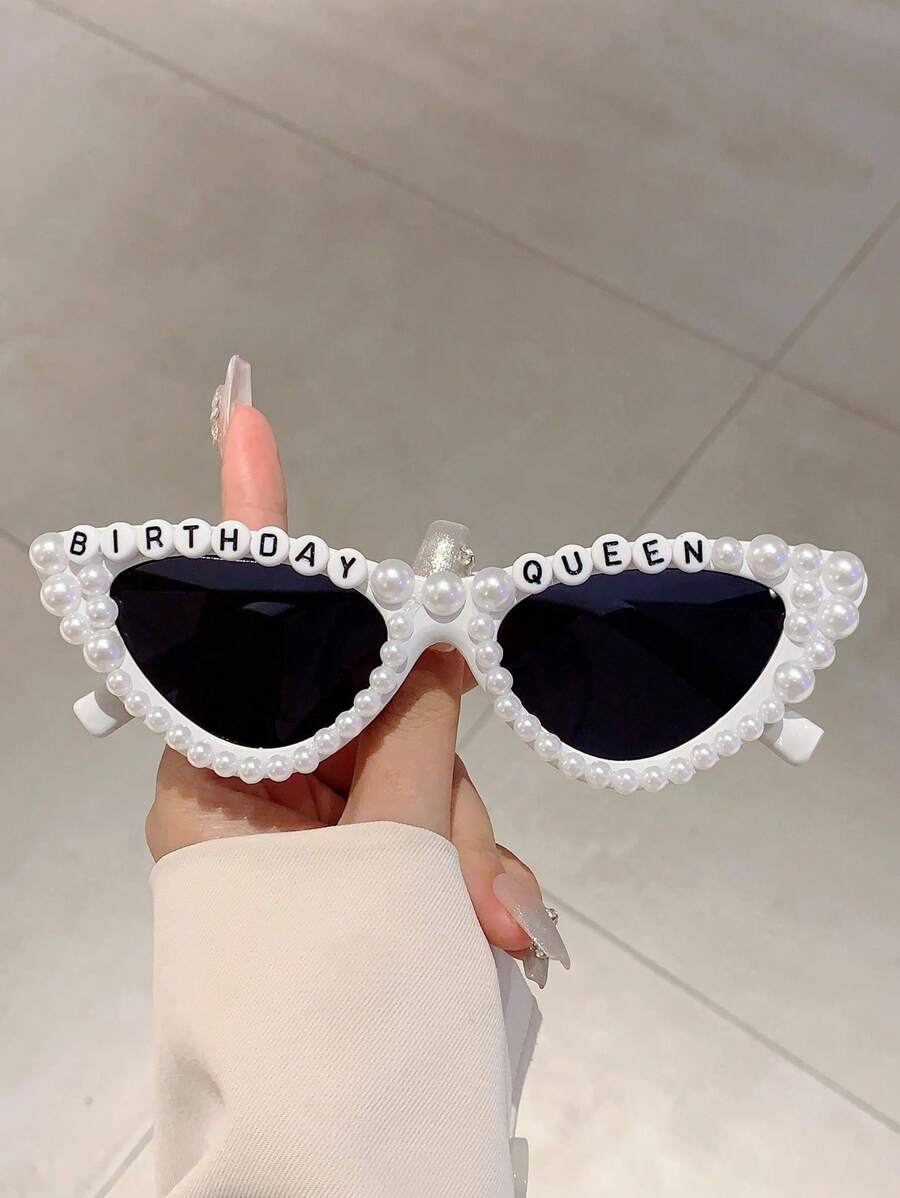 1Pc Women New Full Frame Cat Eye Shaped Fashion Glasses Stylish White Glasses With Faux Pearls Fashion 'Birthday Queen' Letter Frame Multicolor Chic Suitable Birthday Parties And Shows For Summer Beach Vacation,Outdoor,Travel Preppy Style For Back To School