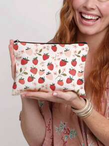 1pc Aardbeienpatroon Thema Volledige Print Make-up Tas - Lichtgewicht En Geurloze Polyester Reis Toilettas, Cartoon Aardbei Leuke Multifunctionele Canvas Tas, Oplaad Opbergtas, Essentiële Reis Make-up Tas: Meisjes Reis Reddingsboei Tas