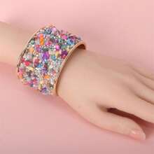 1pc Lightweight Metal Cuff Bracelet With Rhinestone Inlaid Stone Decor, Personalized Armband - Multicolor - View 3