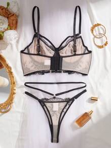 Conjunto de lencería sexy para mujer, sujetador de malla negra con bordado floral transparente, ropa interior para el Día de San Valentín, ropa de fiesta