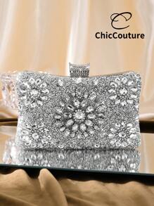 女士奢华闪亮化妆包盒形派对手拿包，闪亮晚宴手提包，适合正式派对、庆典、圣诞聚会等场合 - 銀色 - 查看 2