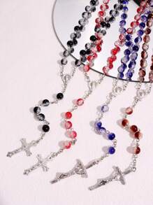 1 pieza Collar con cuentas de diseño agrietado minimalista de moda con colgante de cruz, joyería de cuentas de oración musulmana versátil, regalo para hombres en festividades