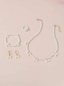 5pcs/Set Faux Pearl Bow Decor Princess Style Necklace, Bracelet, Ring, Earring Jewelry Set For Girls - White - View 2